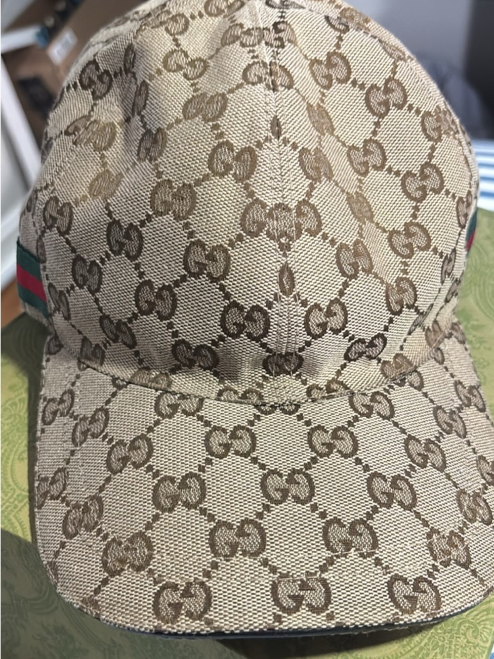 Gucci Beige and Brown GG Monogram Cap with Green-Red Web